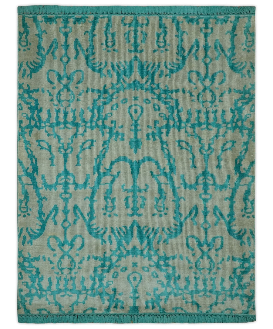 5.8x8 Teal and Beige Hand Knotted Traditional large Design viscoseArea Rug - The Rug Decor