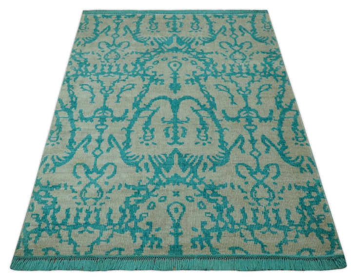 5.8x8 Teal and Beige Hand Knotted Traditional large Design viscoseArea Rug - The Rug Decor