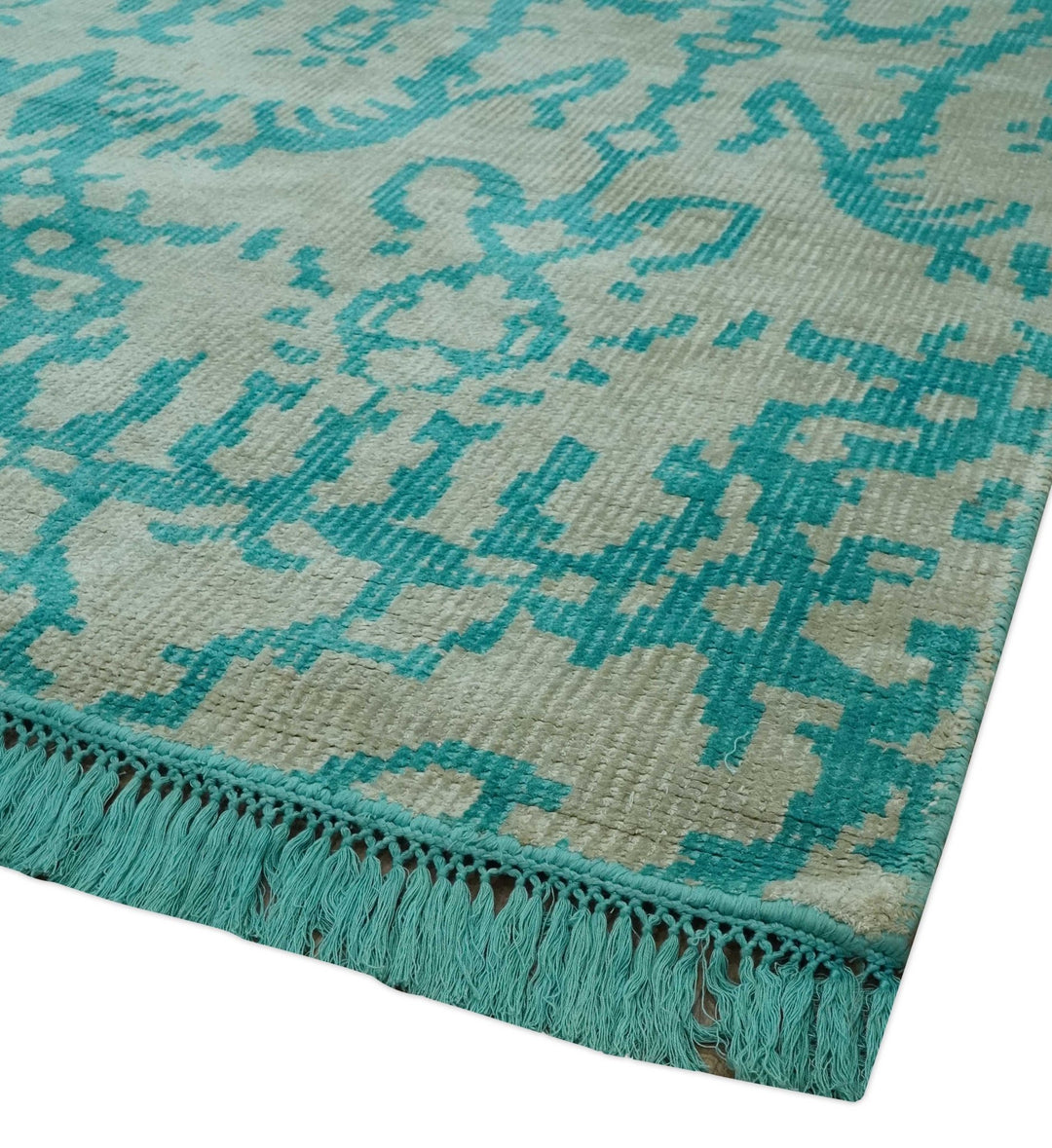 5.8x8 Teal and Beige Hand Knotted Traditional large Design viscoseArea Rug - The Rug Decor