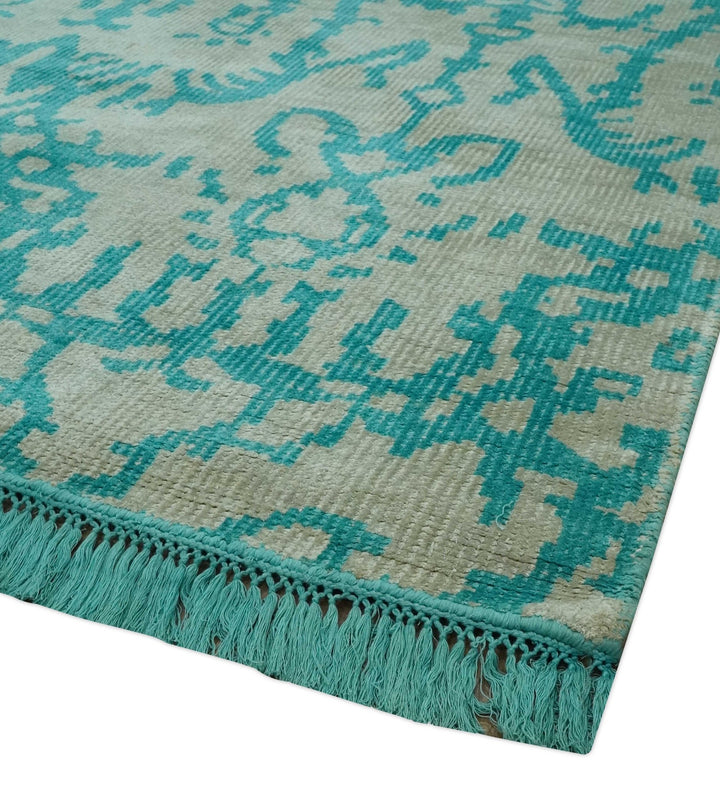 5.8x8 Teal and Beige Hand Knotted Traditional large Design viscoseArea Rug - The Rug Decor