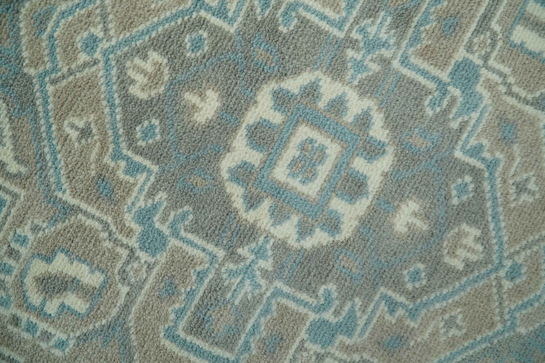 Custom Made Hand Knotted Blue, Ivory, Camel and Gray Traditional Heriz wool rug
