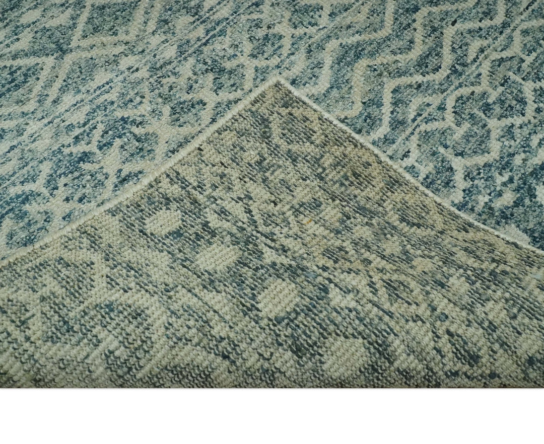 5x7 Teal and Beige Hand knotted southwestern Tribal trellis recycled Art Silk rug - The Rug Decor