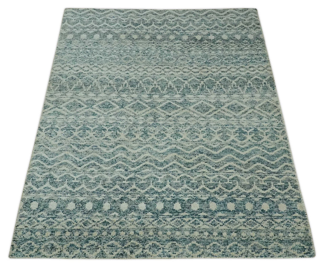 5x7 Teal and Beige Hand knotted southwestern Tribal trellis recycled Art Silk rug - The Rug Decor
