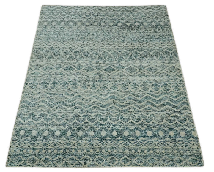 5x7 Teal and Beige Hand knotted southwestern Tribal trellis recycled Art Silk rug - The Rug Decor