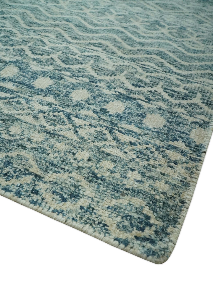 5x7 Teal and Beige Hand knotted southwestern Tribal trellis recycled Art Silk rug - The Rug Decor