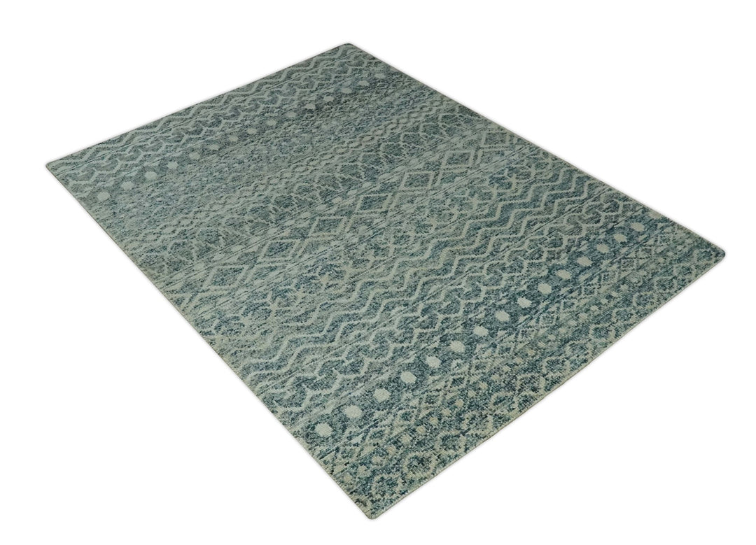 5x7 Teal and Beige Hand knotted southwestern Tribal trellis recycled Art Silk rug - The Rug Decor