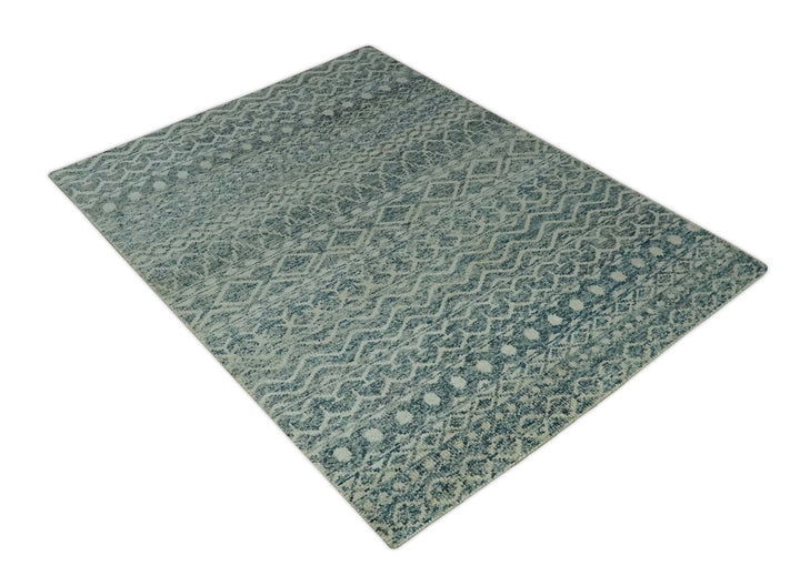 5x7 Teal and Beige Hand knotted southwestern Tribal trellis recycled Art Silk rug - The Rug Decor