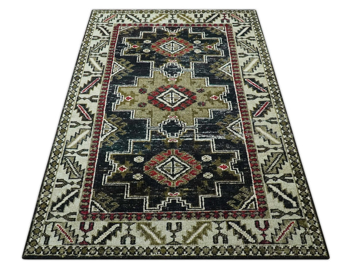 5x8 Black and Silver Traditional Heriz Hand Knotted wool area Rug - The Rug Decor