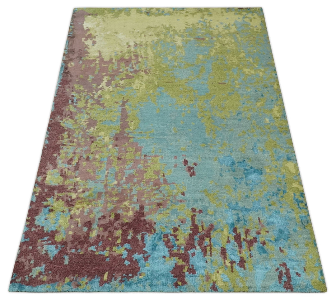 5x8 Modern Abstract Aqua, Olive and Brown Hand Knotted wool Area Rug - The Rug Decor