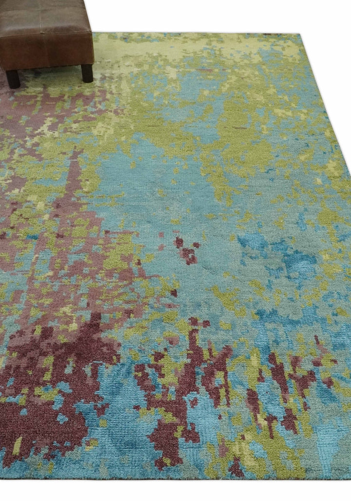 5x8 Modern Abstract Aqua, Olive and Brown Hand Knotted wool Area Rug - The Rug Decor