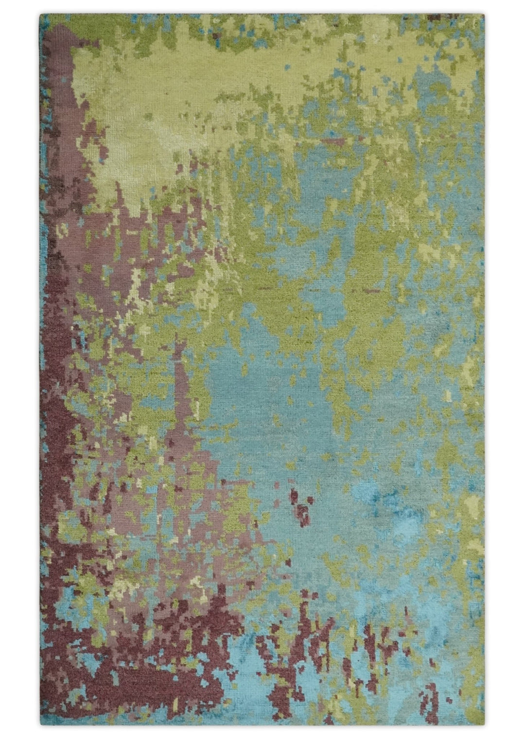5x8 Modern Abstract Aqua, Olive and Brown Hand Knotted wool Area Rug - The Rug Decor