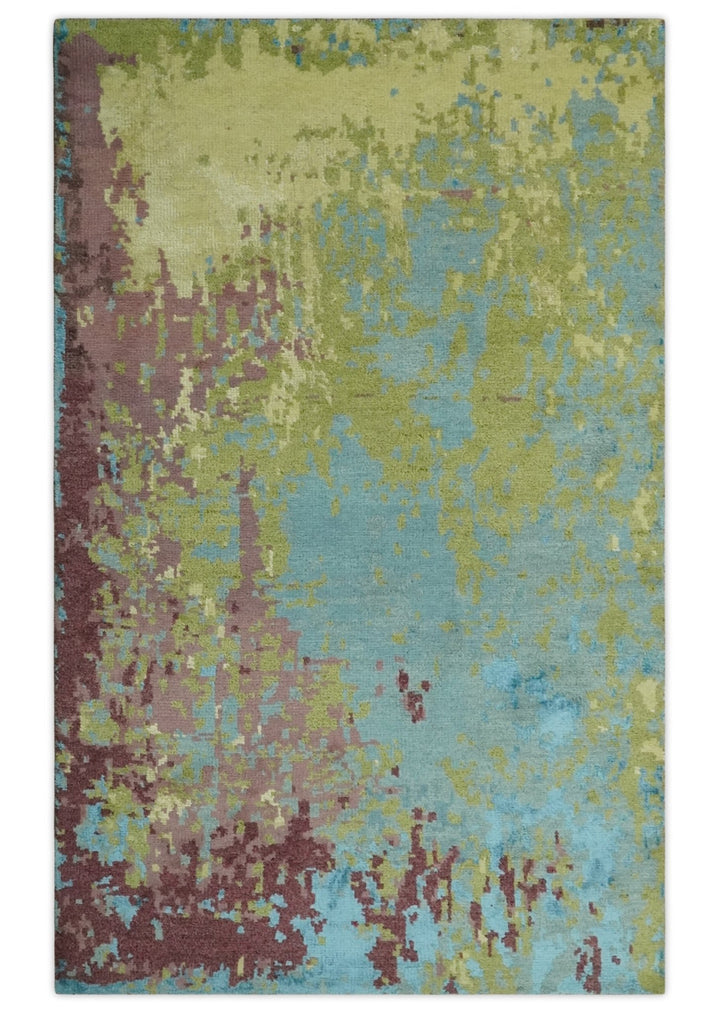 5x8 Modern Abstract Aqua, Olive and Brown Hand Knotted wool Area Rug - The Rug Decor