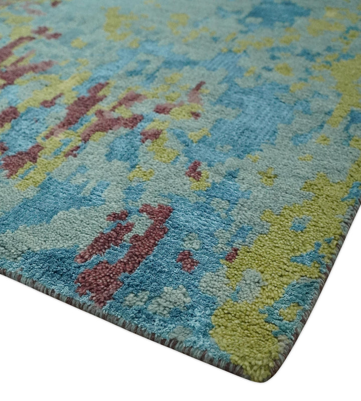5x8 Modern Abstract Aqua, Olive and Brown Hand Knotted wool Area Rug - The Rug Decor