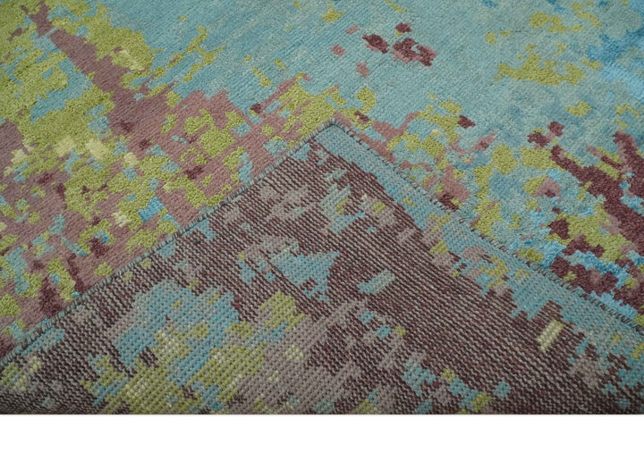5x8 Modern Abstract Aqua, Olive and Brown Hand Knotted wool Area Rug - The Rug Decor