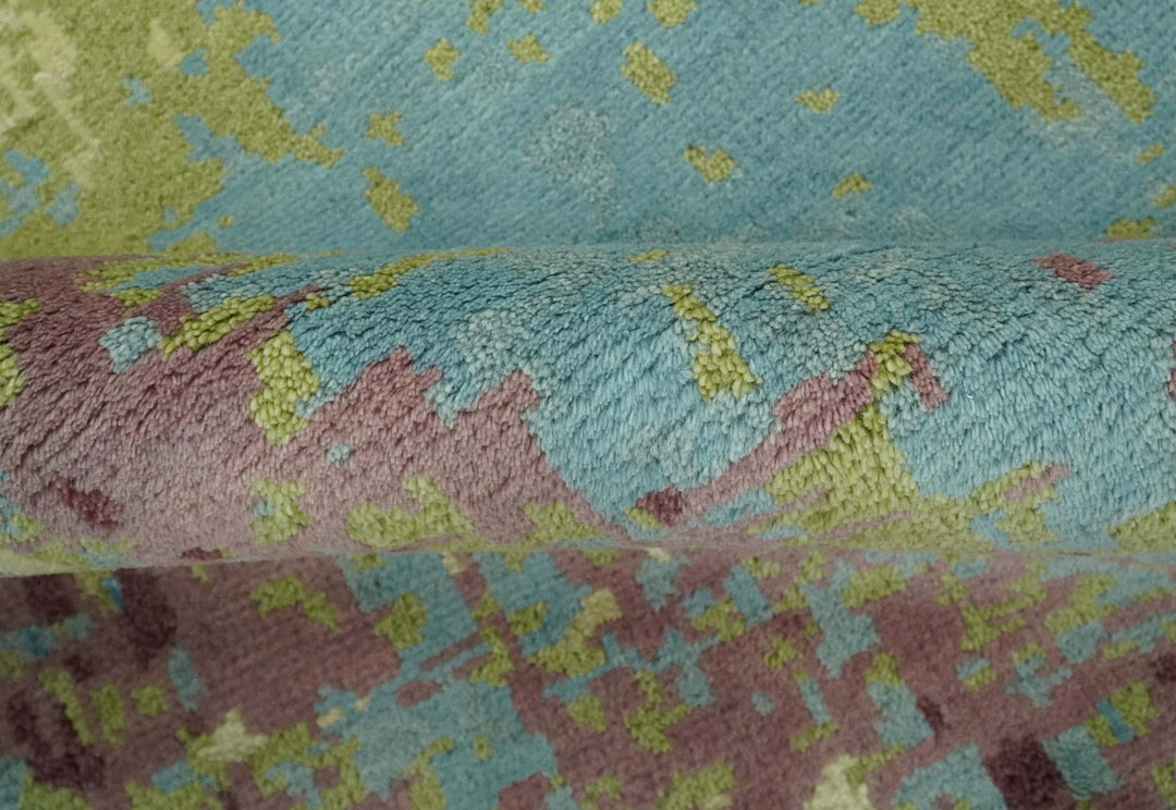 5x8 Modern Abstract Aqua, Olive and Brown Hand Knotted wool Area Rug - The Rug Decor