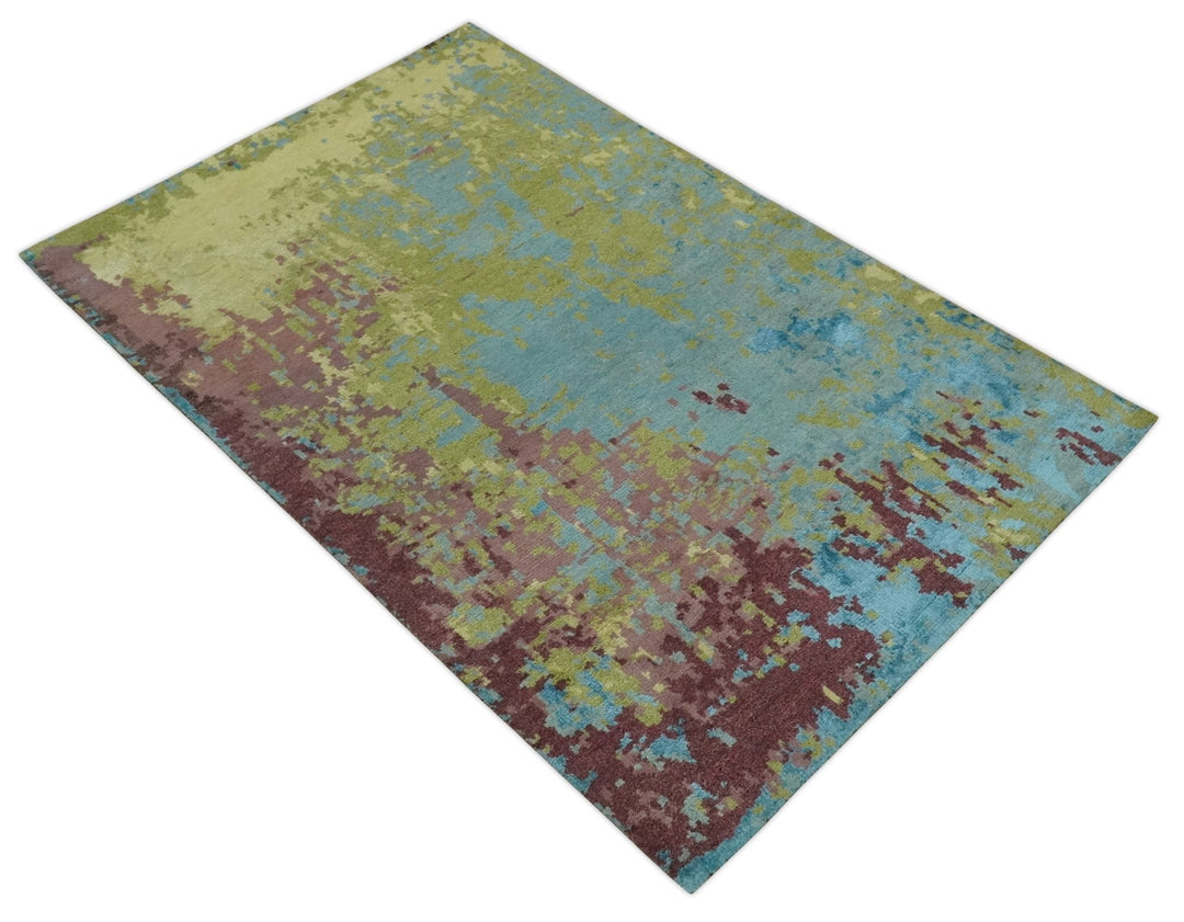 5x8 Modern Abstract Aqua, Olive and Brown Hand Knotted wool Area Rug - The Rug Decor