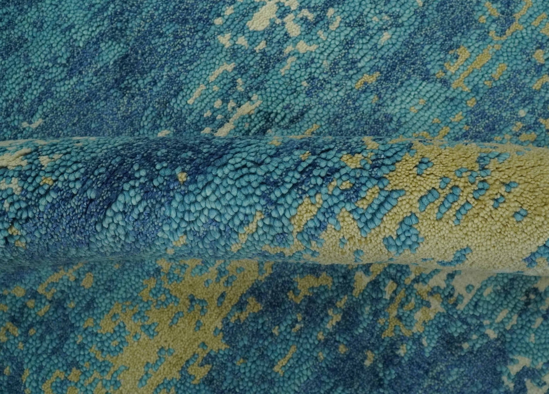 5x8 Modern Abstract Blue, Ivory and Olive Hand Knotted wool Area Rug - The Rug Decor