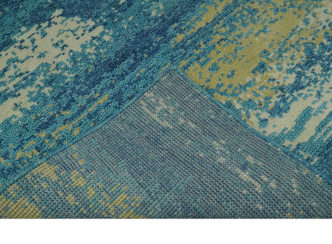 5x8 Modern Abstract Blue, Ivory and Olive Hand Knotted wool Area Rug - The Rug Decor