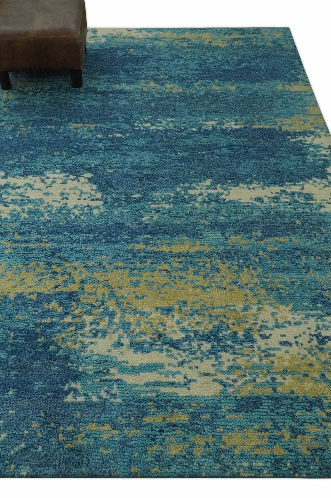 5x8 Modern Abstract Blue, Ivory and Olive Hand Knotted wool Area Rug - The Rug Decor