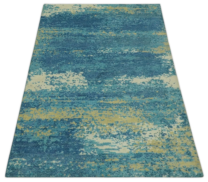 5x8 Modern Abstract Blue, Ivory and Olive Hand Knotted wool Area Rug - The Rug Decor
