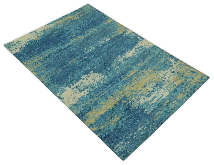 5x8 Modern Abstract Blue, Ivory and Olive Hand Knotted wool Area Rug - The Rug Decor