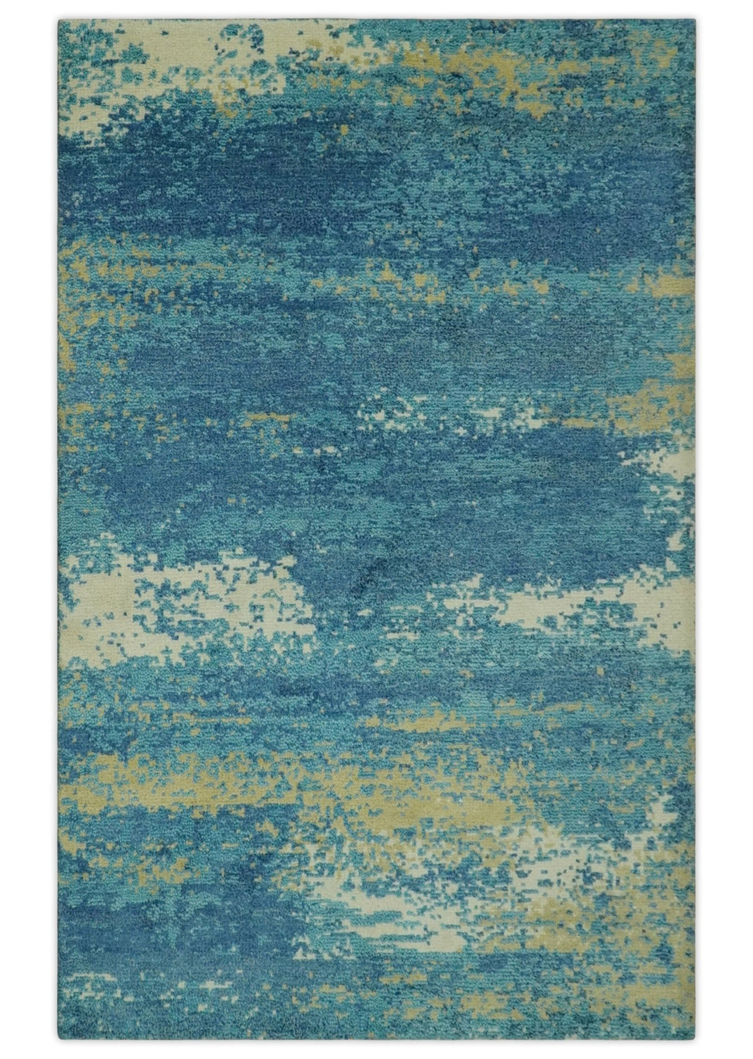 5x8 Modern Abstract Blue, Ivory and Olive Hand Knotted wool Area Rug - The Rug Decor