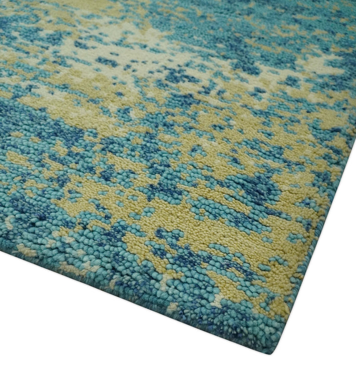 5x8 Modern Abstract Blue, Ivory and Olive Hand Knotted wool Area Rug - The Rug Decor