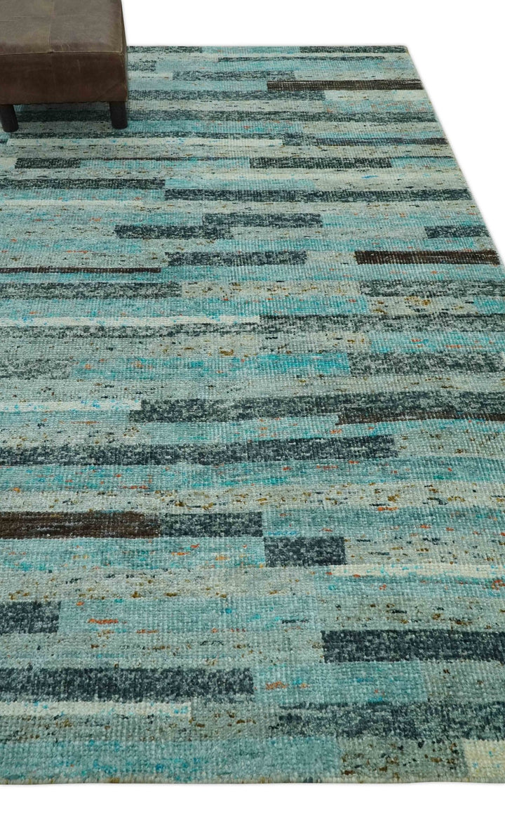 5x8 Modern Geomatical Aqua, Gray and Silver Stripes Design Hand Knotted wool Rug - The Rug Decor