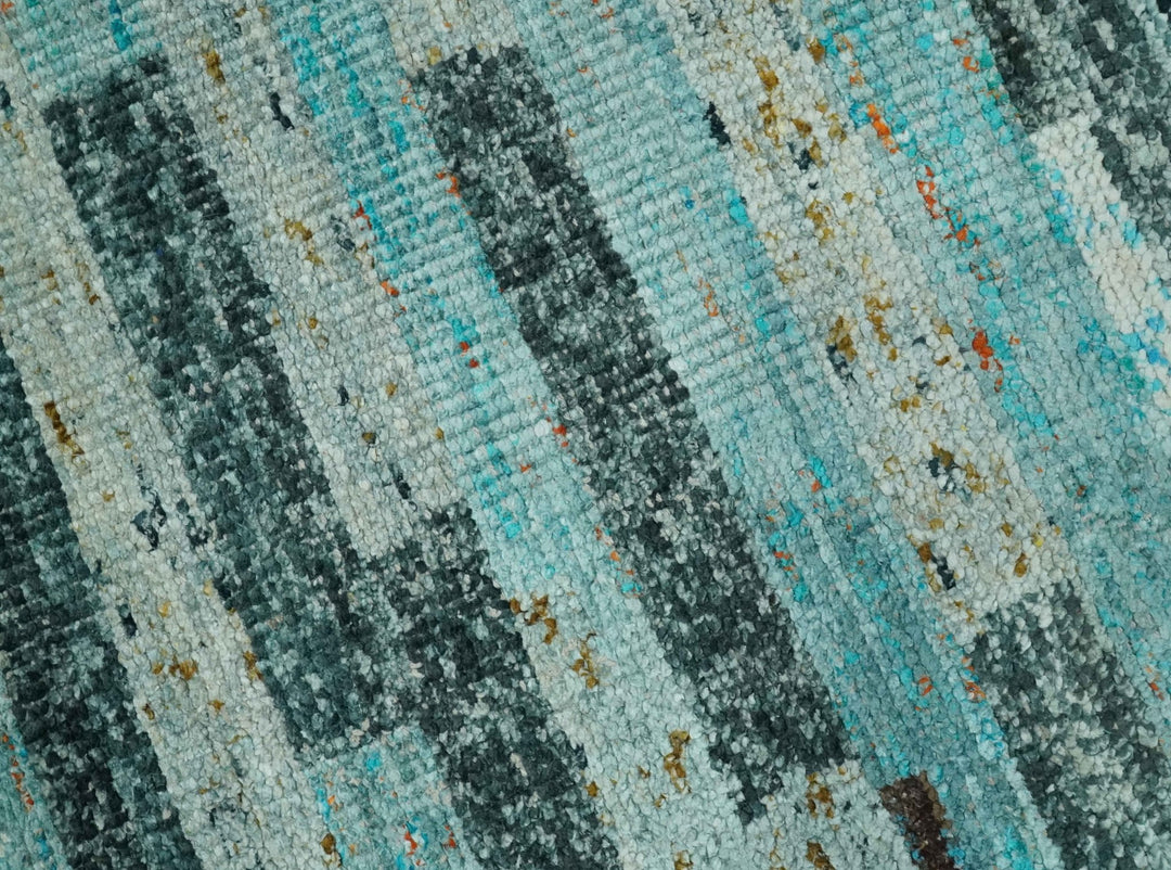 5x8 Modern Geomatical Aqua, Gray and Silver Stripes Design Hand Knotted wool Rug - The Rug Decor