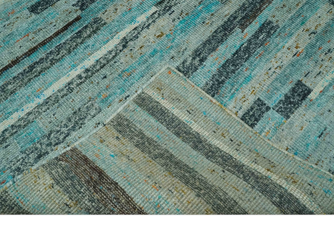 5x8 Modern Geomatical Aqua, Gray and Silver Stripes Design Hand Knotted wool Rug - The Rug Decor