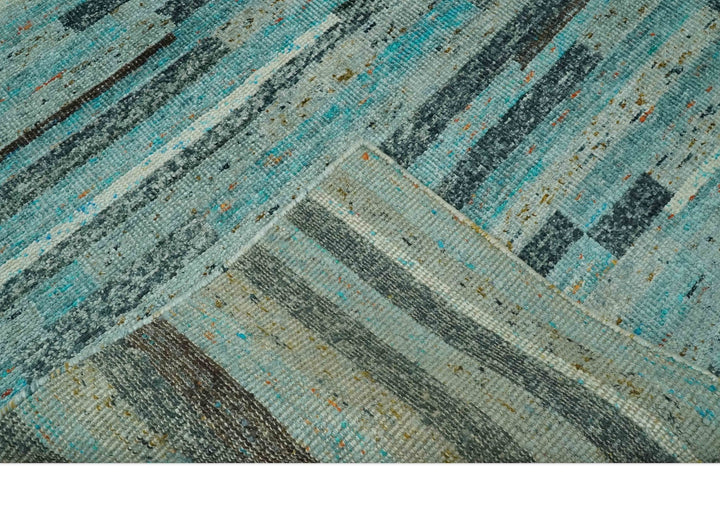 5x8 Modern Geomatical Aqua, Gray and Silver Stripes Design Hand Knotted wool Rug - The Rug Decor
