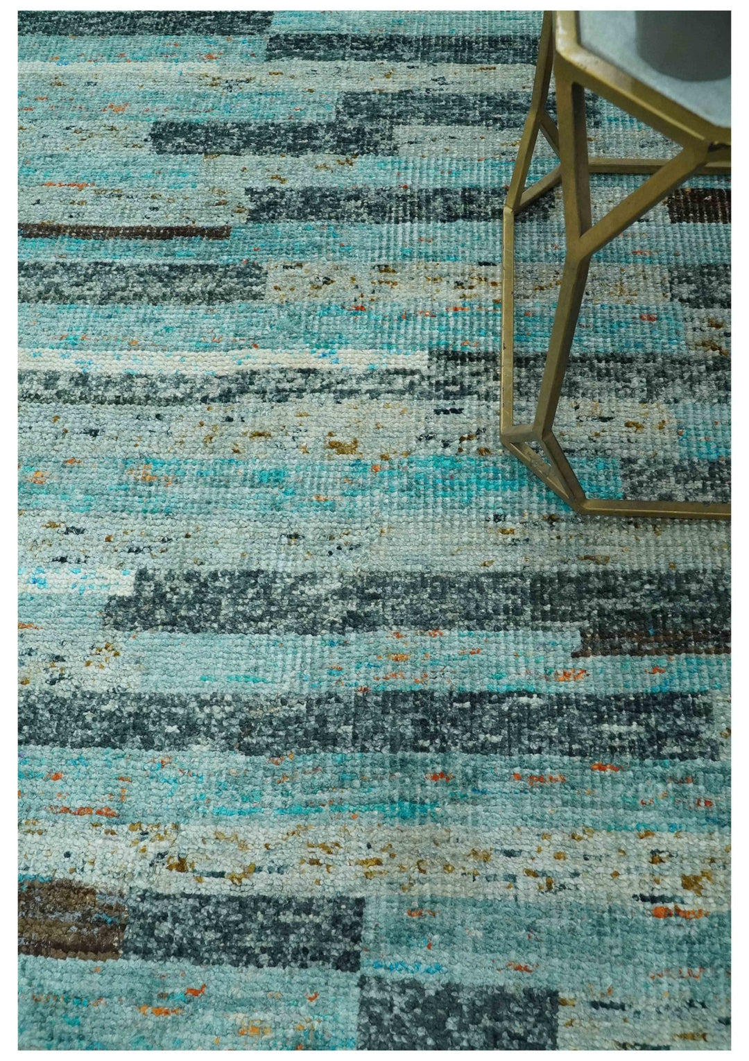 5x8 Modern Geomatical Aqua, Gray and Silver Stripes Design Hand Knotted wool Rug - The Rug Decor