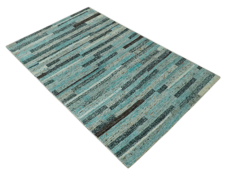 5x8 Modern Geomatical Aqua, Gray and Silver Stripes Design Hand Knotted wool Rug - The Rug Decor