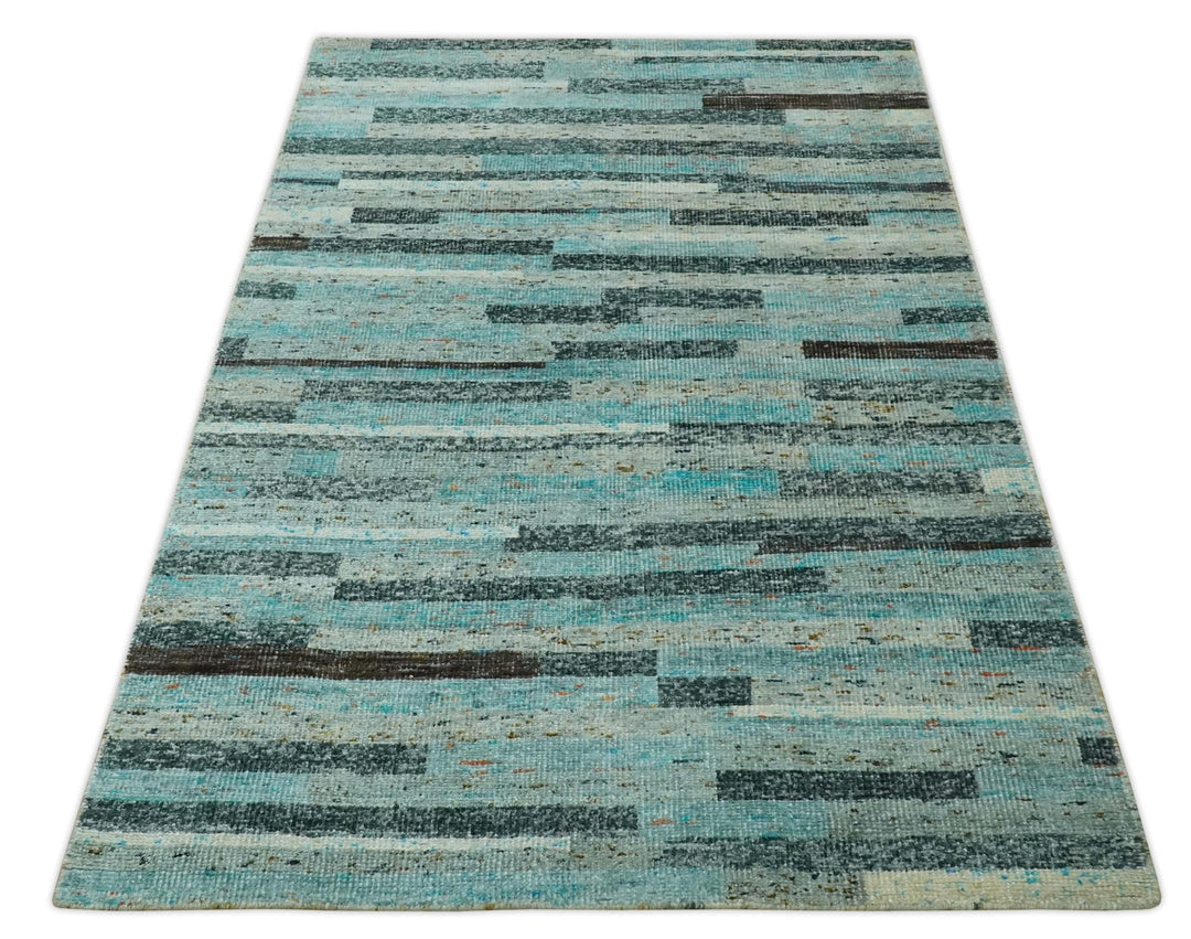 5x8 Modern Geomatical Aqua, Gray and Silver Stripes Design Hand Knotted wool Rug - The Rug Decor
