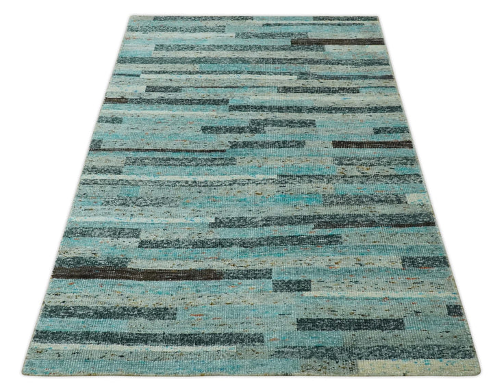 5x8 Modern Geomatical Aqua, Gray and Silver Stripes Design Hand Knotted wool Rug - The Rug Decor