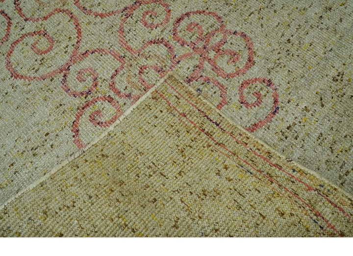 5x8 Olive, Silver and dark Peach Hand Knotted Traditional Floral wool area Rug - The Rug Decor