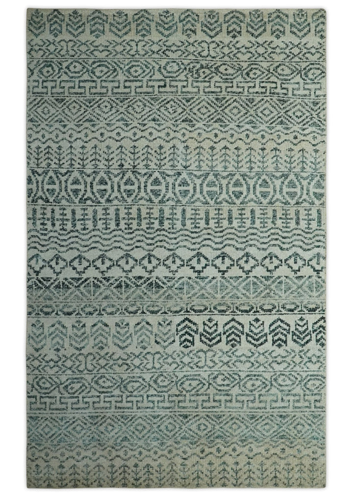 5x8 Teal and Silver Hand Knotted Southwestern Tribal Trellis wool Area Rug - The Rug Decor