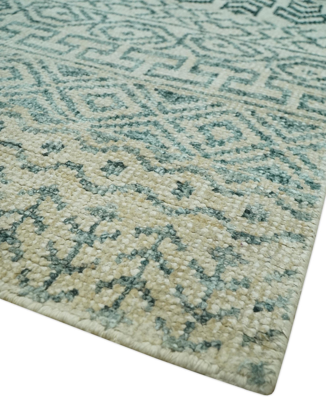 5x8 Teal and Silver Hand Knotted Southwestern Tribal Trellis wool Area Rug - The Rug Decor