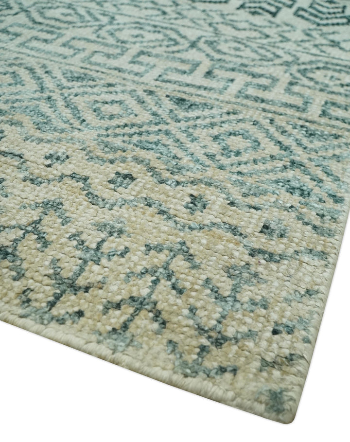5x8 Teal and Silver Hand Knotted Southwestern Tribal Trellis wool Area Rug - The Rug Decor