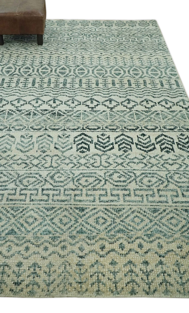 5x8 Teal and Silver Hand Knotted Southwestern Tribal Trellis wool Area Rug - The Rug Decor
