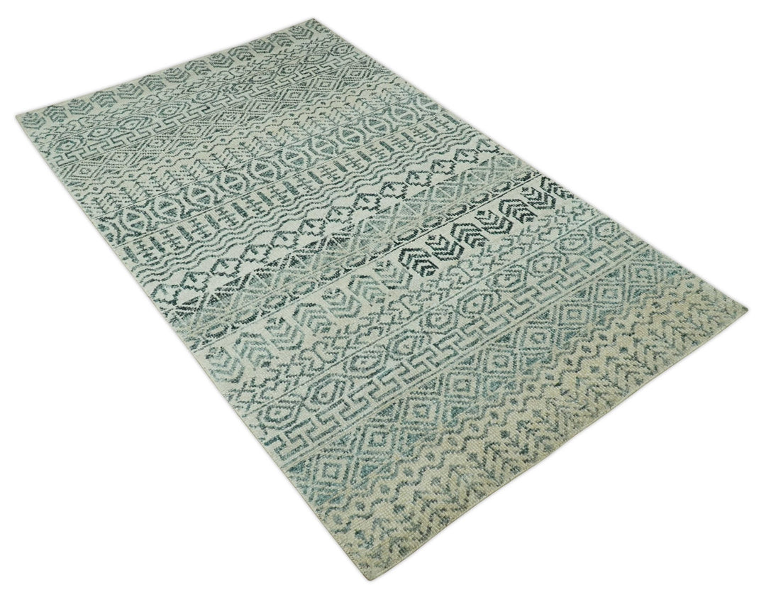 5x8 Teal and Silver Hand Knotted Southwestern Tribal Trellis wool Area Rug - The Rug Decor