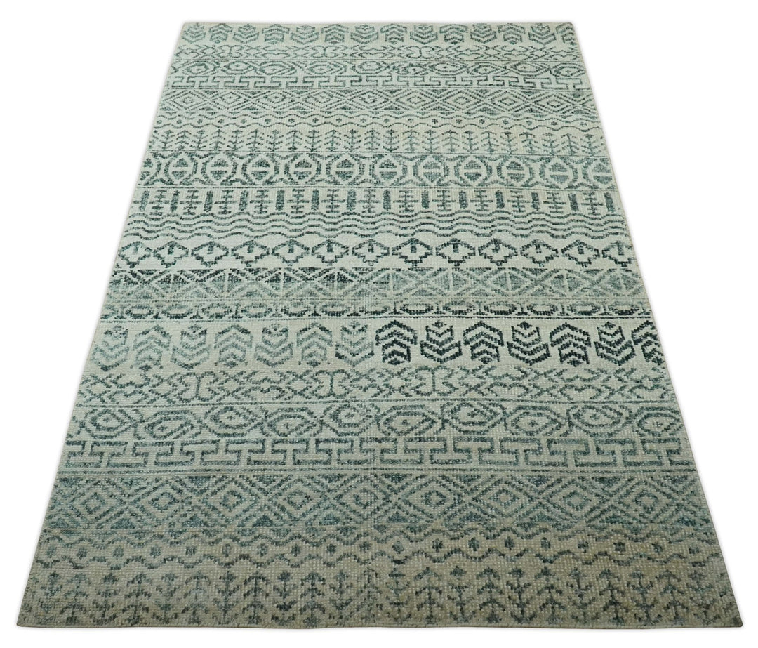 5x8 Teal and Silver Hand Knotted Southwestern Tribal Trellis wool Area Rug - The Rug Decor