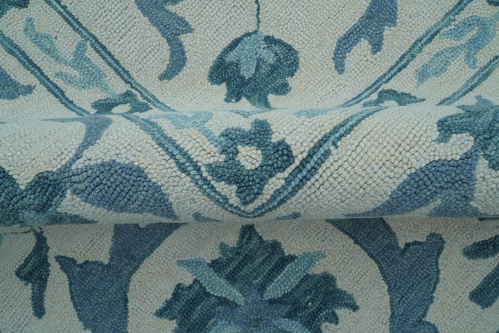 Custom Made Oriental Uzbek Design Floral Ivory And Blue Hand Tufted Wool Area Rug