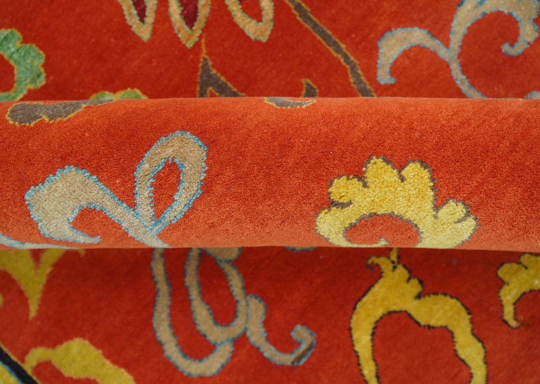 Modern Floral Orange 8x10 Hand Knotted wool Area Rug