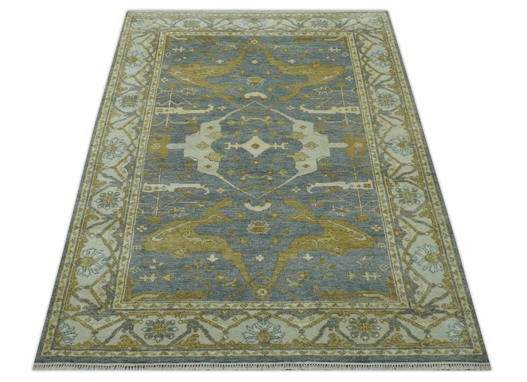 6x9 Hand Knotted Gray, Olive and Ivory Traditional Oriental Oushak wool area rug - The Rug Decor