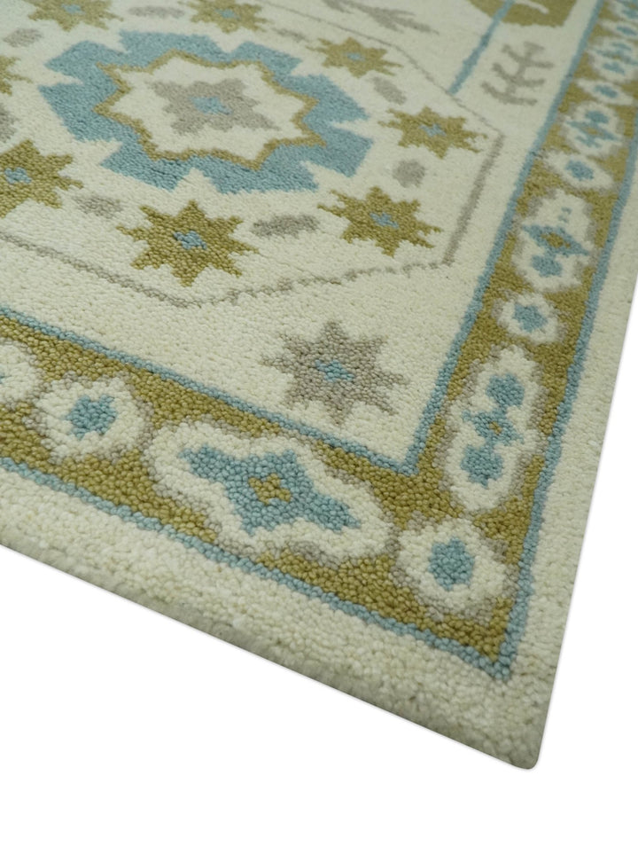 6x9 Ivory, Olive and Teal Hand Knotted Traditional Medallion wool Area Rug - The Rug Decor
