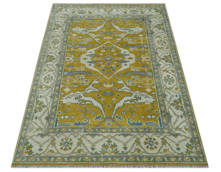 6x9 Mustard, Ivory and Gray Hand Knotted Traditional Oriental Oushak wool area rug - The Rug Decor