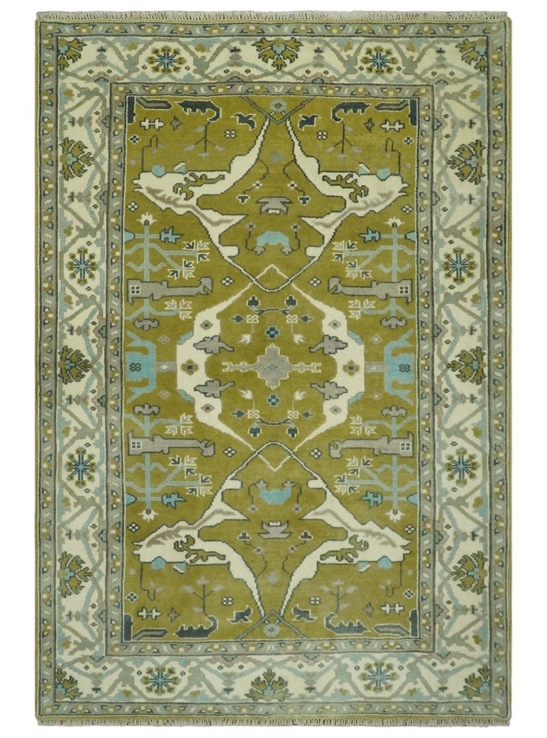 6x9 Olive and Ivory Hand Knotted Traditional Oriental Oushak wool area rug - The Rug Decor