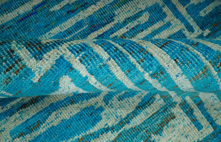 Modern stripes design Blue and Beige 5x8 Hand knotted wool area rug