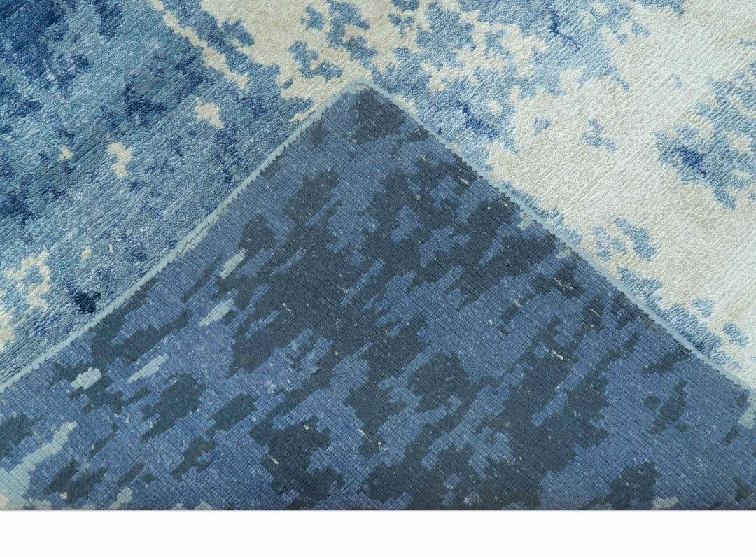 Modern Abstract Design Beige And Blue 9x12 Hand Knotted Bamboo Silk Area Rug